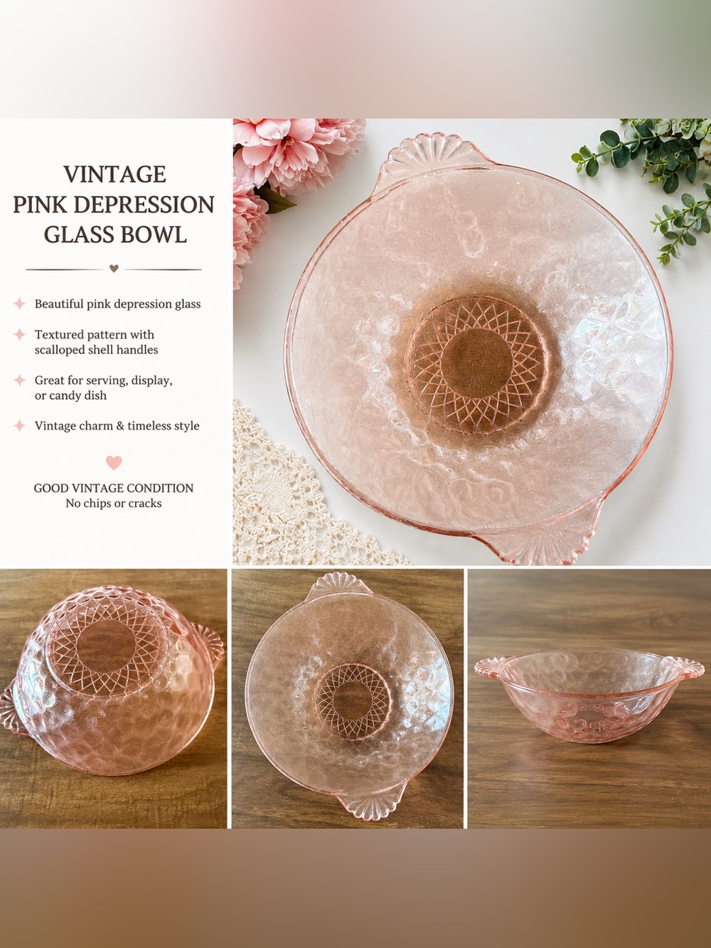 Vintage Pink Depression Glass Bowl with Handles | Floral Etched Serving Dish